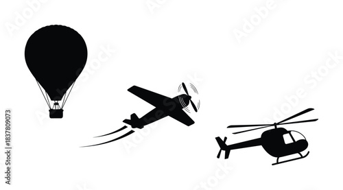 Air transport icons. Hot air balloon, airplane, and helicopter. Flying vehicles collection.