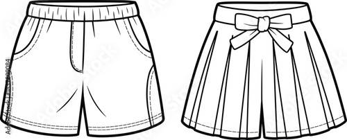Shorts and skirt fashion sketch, front view, editable, isolated, pleated design, bow detail, casual wear, garment flat