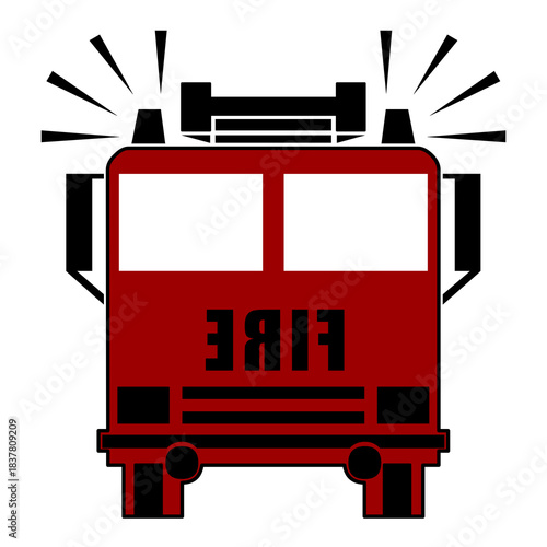 fire truck with siren blasting and blinking lights seen in rear view mirror