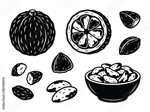 Almond varieties including whole, shelled, half-cut almonds, alongside a bowl of shelled almonds.