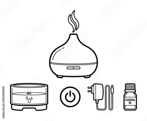 Aromatherapy essential oil diffuser set. Humidifier, water tank, power button, adapter, oil bottle.