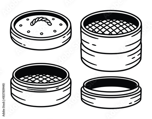 Asian steamer for cooking, bamboo baskets with covers, kitchen utensils, oriental food preparation