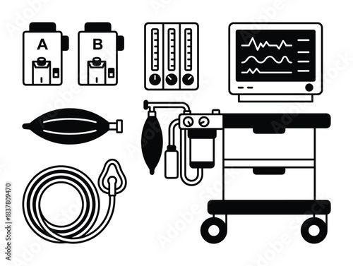 Assembly of anesthesia equipment featuring gas delivery systems, vital sign monitor, and resuscitation bag.
