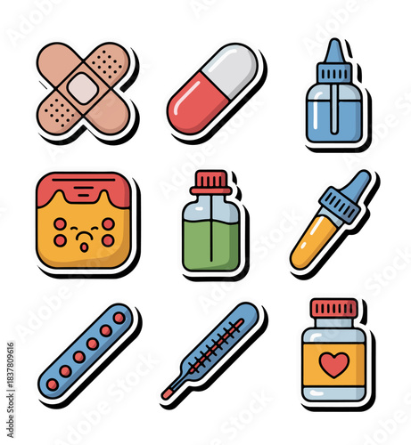 Medical icons set bandage pills eye drops medication bottles thermometer