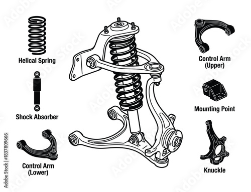Automotive suspension parts. Helical spring, shock absorber, control arms, and knuckle. Vehicle components. Mechanical diagram.