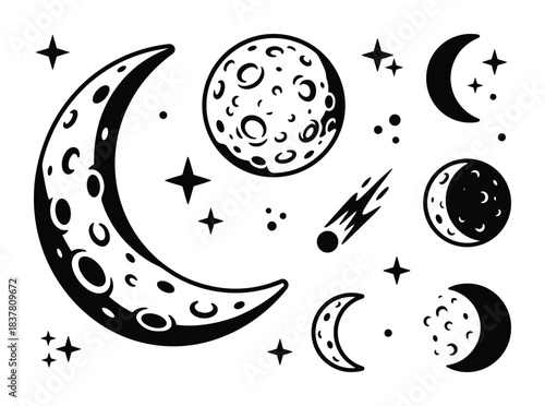 Astronomy icon collection includes various moon crescent shapes planets stars and shooting comet