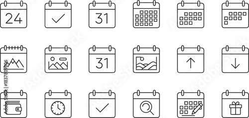 Calendar line icons set, schedule, date planning, reminder, events, task management, appointment booking, timeline organizer for web, app, infographic templates