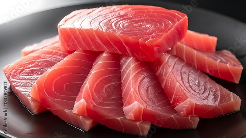 Sashimi-Grade Ahi Tuna Steaks Sliced and Ready on a Black Plate