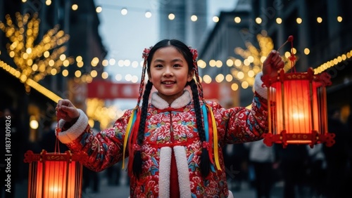 Smiling asian kid girl holding red lantern on street. Chinese New Year celebration and traditional festival concept. Oriental holiday.