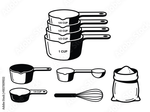 Baking ingredients and tools like measuring cups, spoons, whisk, flour sack and bowls.