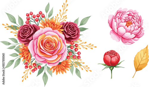 Rich, vibrant autumnal watercolor vector set featuring a lush bouquet of deep red roses and orange chrysanthemums with berries, a single pink peony, a rosebud, and a golden leaf for graphic design