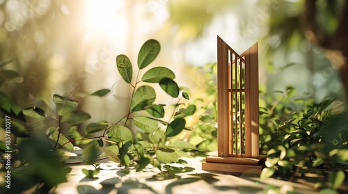 Wooden product stand surrounded by green leaves, bathed in soft sunlight, natural and eco-friendly aesthetic, perfect for product photography, lifestyle, organic, and sustainable concepts.
