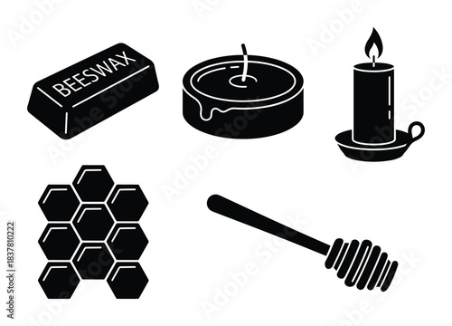 Beeswax block and honey dipper. Honeycomb and burning candle. Natural product in monochrome design.