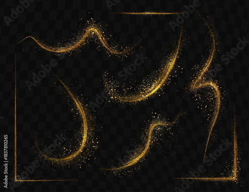 Isolated design elements, set of golden wavy figures made of shiny tinsel.