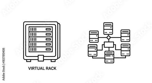 Modern server rack and network diagram icons, perfect for data centers, cloud computing, and technology presentations