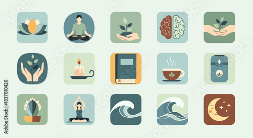 Meditative icons representing mindfulness, nature, and well-being, perfect for wellness brands, yoga studios, and mental health resources