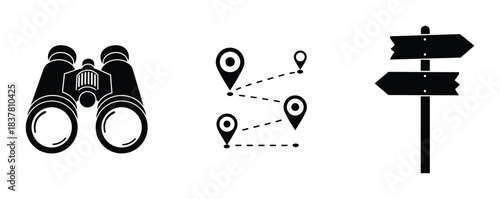 Binoculars, route map with pins, and wooden signpost for travel and direction guidance