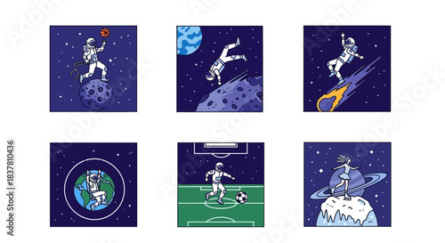 Astronauts playing basketball, falling through space, riding a comet, swinging on Earth, playing soccer, and ice skating on a planet