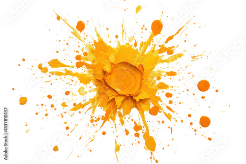 Vibrant orange paint splatter explosion isolated on transparent background. Vibrant mustard splat isolated on white background.