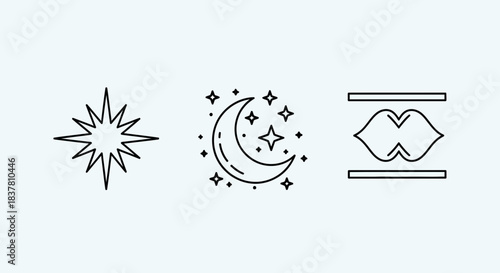 Minimalist celestial and abstract design elements in modern black line art, ideal for branding, logos, and creative projects, elegant and versatile