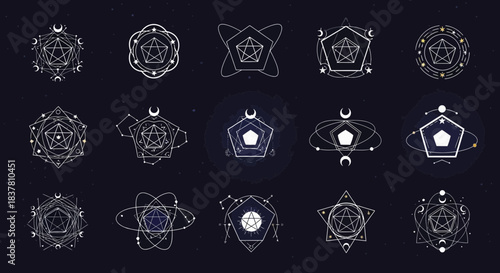 Mystical celestial pentagram symbols with moons and stars, evoking magic, spirituality, and esoteric design elements for creative projects