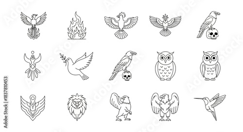 Elegant line art illustrations of diverse birds, symbols of strength, freedom, wisdom, and peace for design projects.