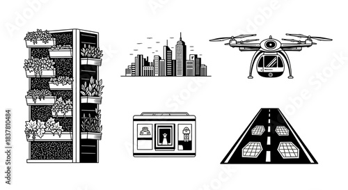 Modern city concepts and sustainable living designs with lush vertical gardens, drone transportation, futuristic architecture, and solar roadways for a greener future