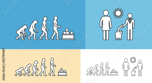 Human evolution and modern life concept, from ape to present, illustrated with people and a piggy bank, ideal for finance or progress