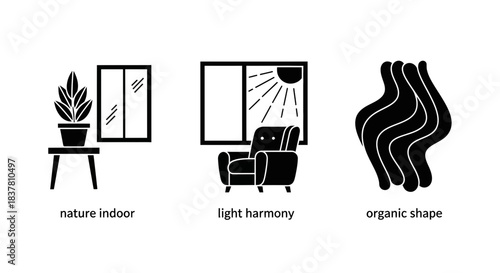 Minimalist home decor elements in black and white, featuring a potted plant, armchair, window, and abstract organic shapes for interior design projects