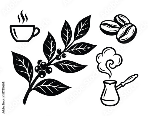 Black coffee elements set. Coffee plant, beans, cup, and cezve. Collection of coffee illustrations.