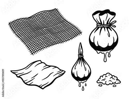 Black and white illustrations of various kitchen tools, food bags, and ingredients for cooking process.