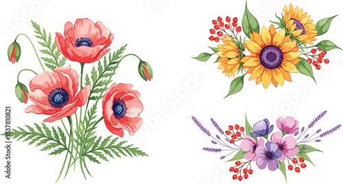 Vibrant summer watercolor vector set featuring a bouquet of red poppies and ferns, a bright yellow sunflower arrangement, and a lavender and tulip cluster, perfect for botanical themes and stationery