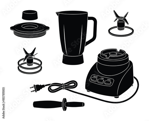 Blender appliance with parts. Jug, lid, and blades. Kitchen equipment in monochrome design.