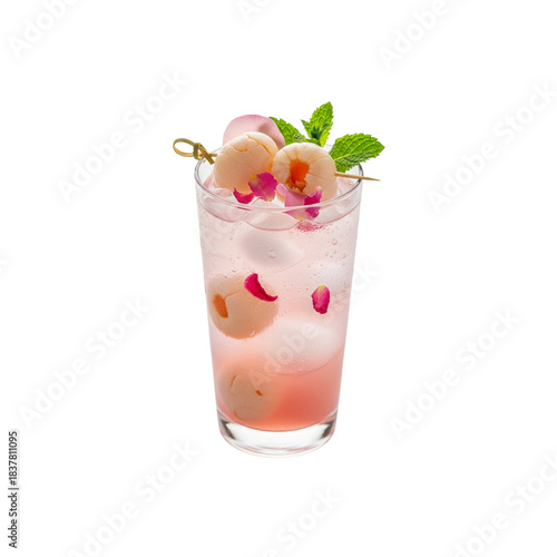 lychee rose iced drink, pastel pink tones, clear cup, png isolated