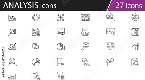 Data analysis and financial report icon set, black and white line style, statistics, auditing, performance metrics, business intelligence, calculator, charts, documents, vector illustration