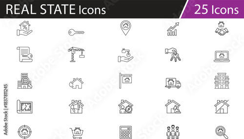 IReal estate icon set, black and white line style, property management, buying, selling, renting, construction, mortgage, inspection, online listing, residential housing, vector illustration