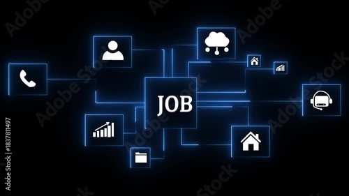 Digital Job Network Cloud Connection Business Icons Partnership Communication Growth Teamwork Technology Concept on black baground.4k animation motion 4k video