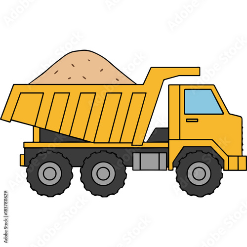 Yellow dump truck carrying sand with a large pile in its bed viewed from the side with a black background and six gray wheels showcasing construction and hauling equipment for industrial transport.