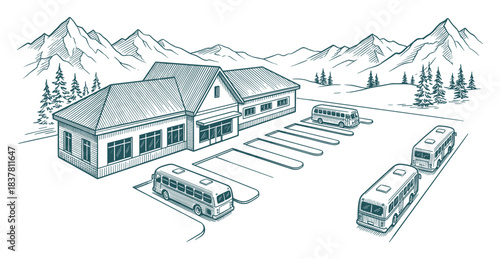 Bus station with mountain landscape background and buses in parking lot. Outdoor transport hub.