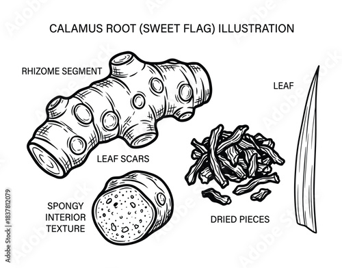 Calamus root or sweet flag illustration with rhizome segment, leaf scars, spongy interior, dried pieces, and leaf