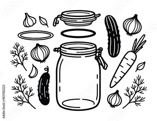 Canning jar with vegetables and herbs. Pickling ingredients collection. Homemade preservation elements.