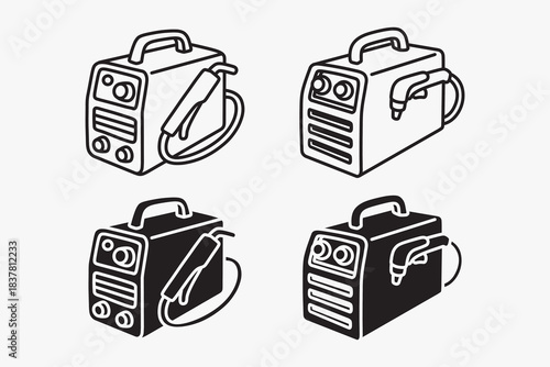 Welding machine, Arc welder outline icon set. Inverter welder, Welding unit, Weld tool silhouette bundle. Metalwork, Workshop, Industrial, Fabrication, Repair, Garage, Factory. Vector illustration.