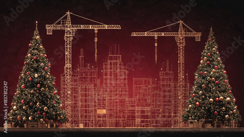 Luxury Christmas background with a tree and decorations at a construction site . Generative AI