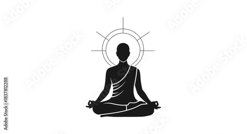 Meditating figure in lotus position with spiritual halo, promoting mindfulness, inner peace, and tranquility for wellness and yoga branding