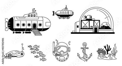 Explore the Depths: Dynamic illustrations of submarines, diving gear, underwater life, and marine exploration, perfect for various projects.