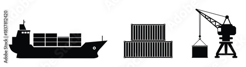 Cargo ship with containers. Port crane loading freight. International transport and shipping.