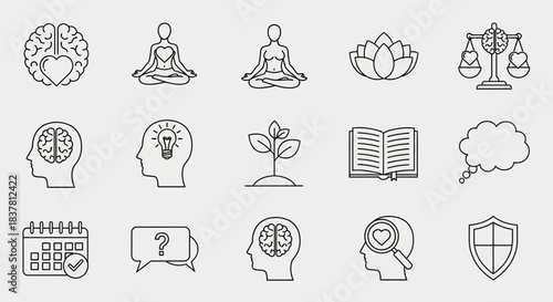 Conceptual icons representing mindfulness, intellect, well-being, ideas, and planning for business, health, and personal growth