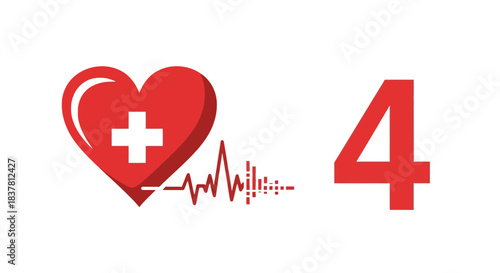 Medical heart symbol with a plus sign and number four representing health care, wellness, and medical services.