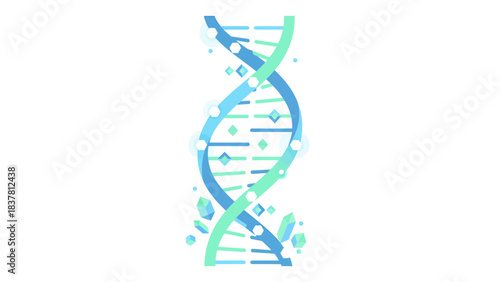 Dynamic flat vector illustration of a luminous DNA double helix, symbolizing genetic research, molecular biology, and scientific innovation