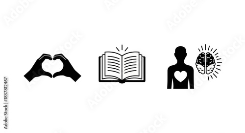 Hands forming heart, open book with radiating light, human silhouette with heart and glowing brain, representing love, knowledge, and intelligence